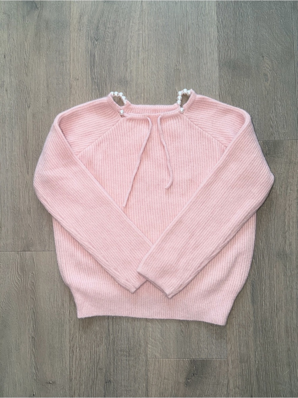 Soft Pink Shimmer Knit Sweater w/ Pearl Cold Shoulder Details 💎✨